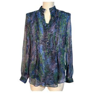 Coldwater Creek Womens Blouse Sheer Floral Button Front Pleated Size XS Purple